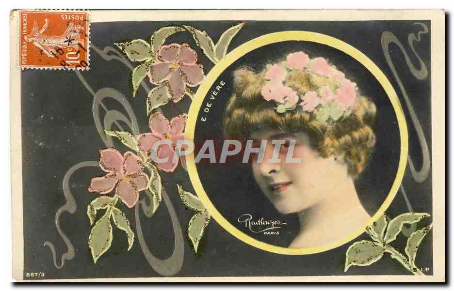 Ritratto di donna con corona di fiori — E. DE VERE — editore Reutlinger, Parigi, n° 867/3