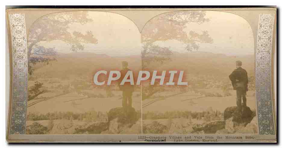 Photo Stereoscopique Grasmere Village and Vale from the Mountain Side London England