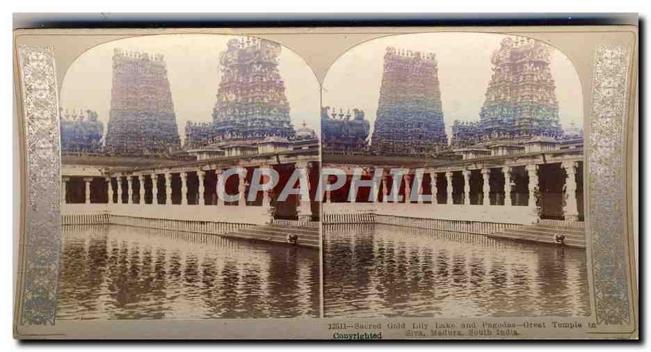 Photo Stereoscopique Sacred Gold Dily Lake and Pagodas Great Temple Siva Madura South India 
