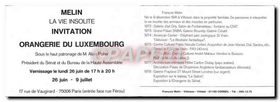 Francois Melin — La Vie Insolite — Invitation à l'exposition — Rückseite