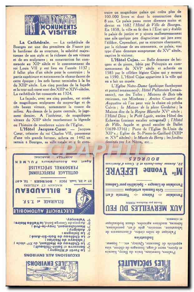 Plan Bourges Le Berry Publicite Kodak Pharmacie Coiffure Pneumatiques Lunettes Optique — Verso