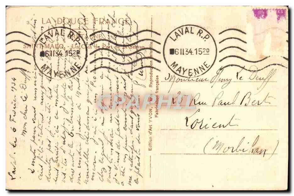 Tarjeta postal antigua Saint Malo Un rincón del puerto de Saint Servan Barco — Reverso