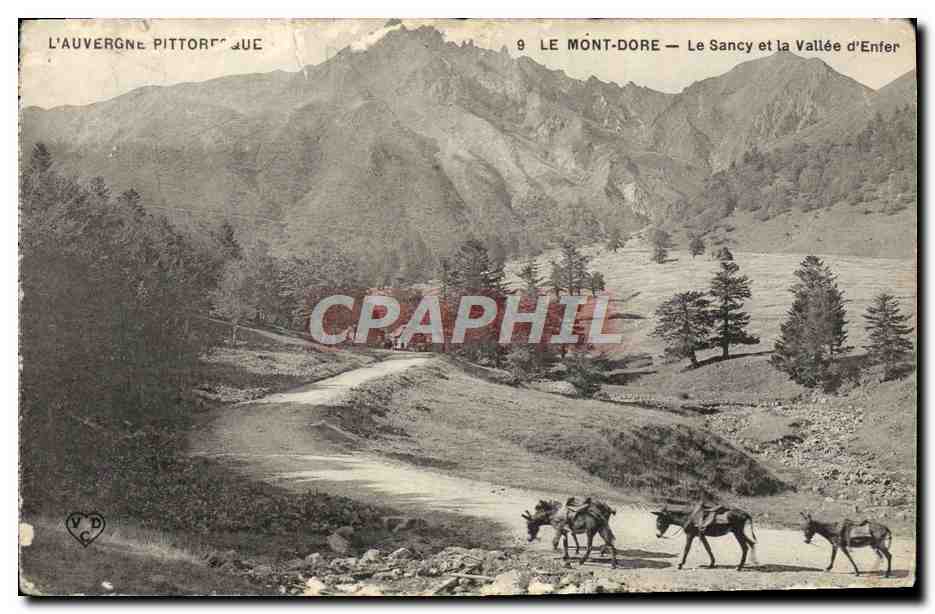 Tarjeta postal antigua Le Mont Dore Le Sancy y la vallee d'enfer Anes Mules