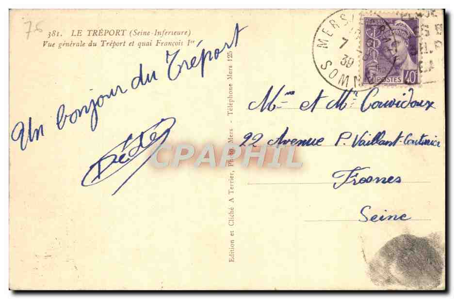 CPA Le Treport Vue Generale du Treport et quai Francois 1er — Rückseite