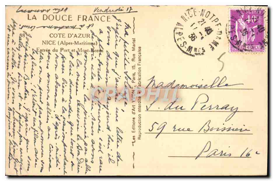 CPA Nice Entree du Port et Mont Boron  — Verso