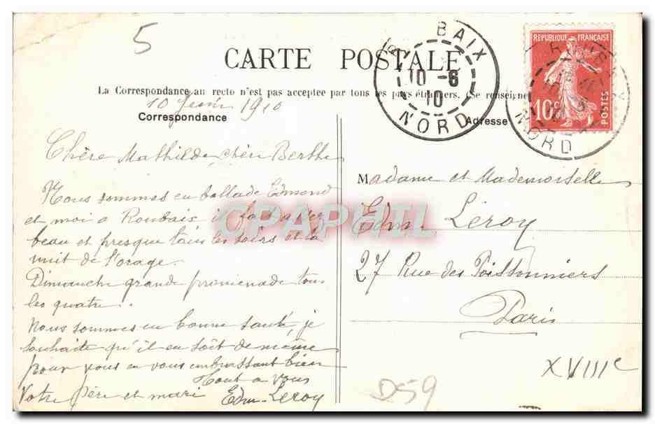 CPA Roubaix Un Coin du Parc Barbieux — Rückseite