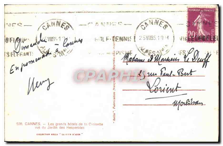 CPA Cannes Les grands hotels de la Croisette vus du Jardin des Hesperides — Verso