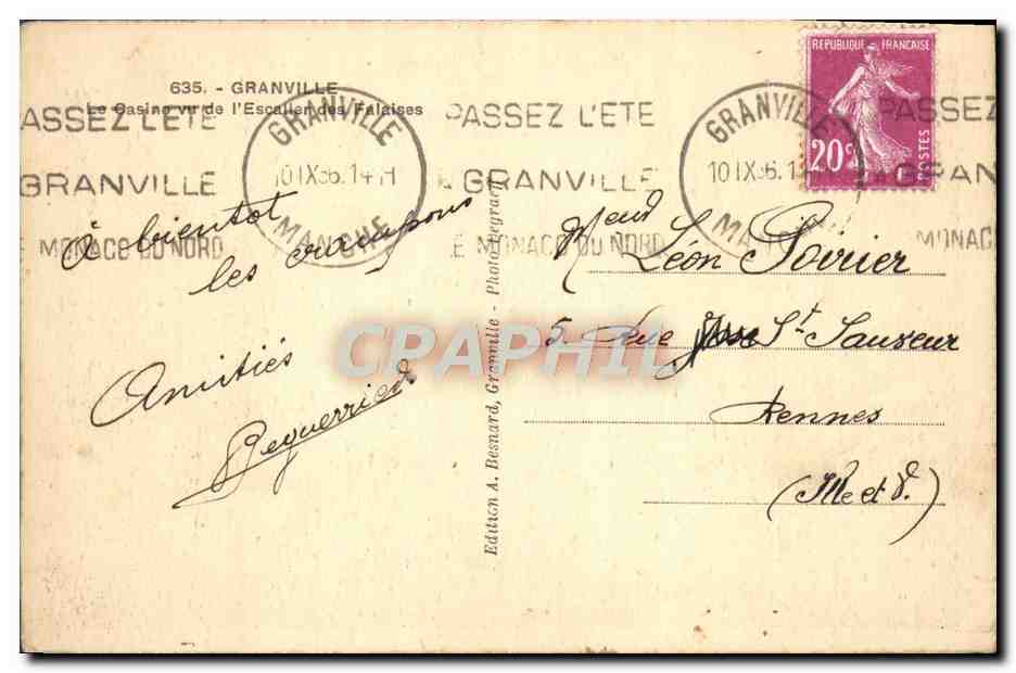 CPA Granville Le casino vu de l'escalier des falaises — Rückseite