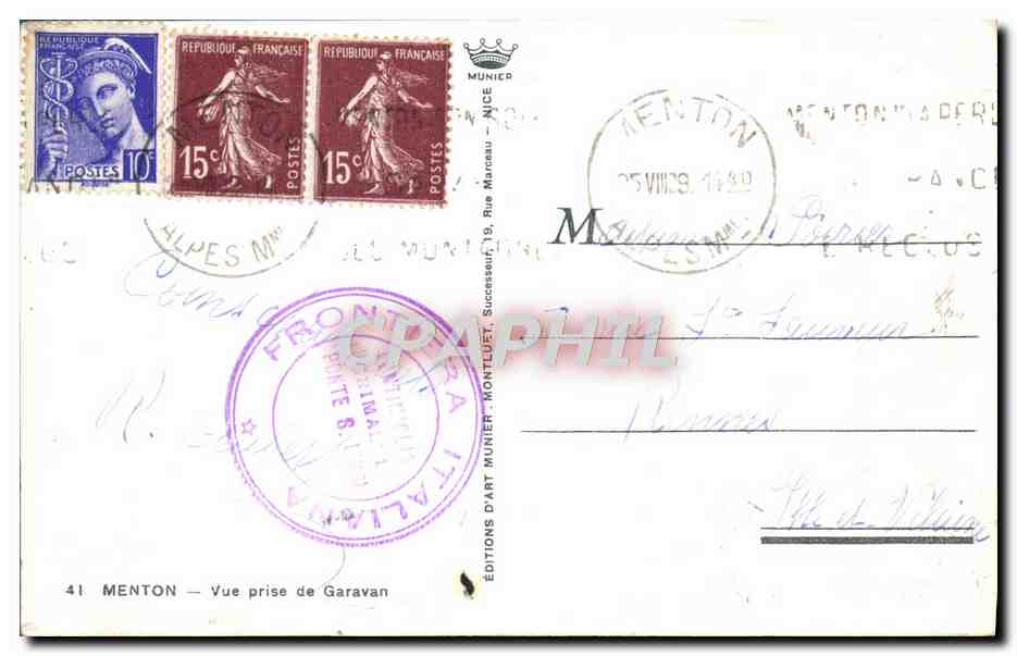 CPA Menton Vue prise de Garavan — Verso