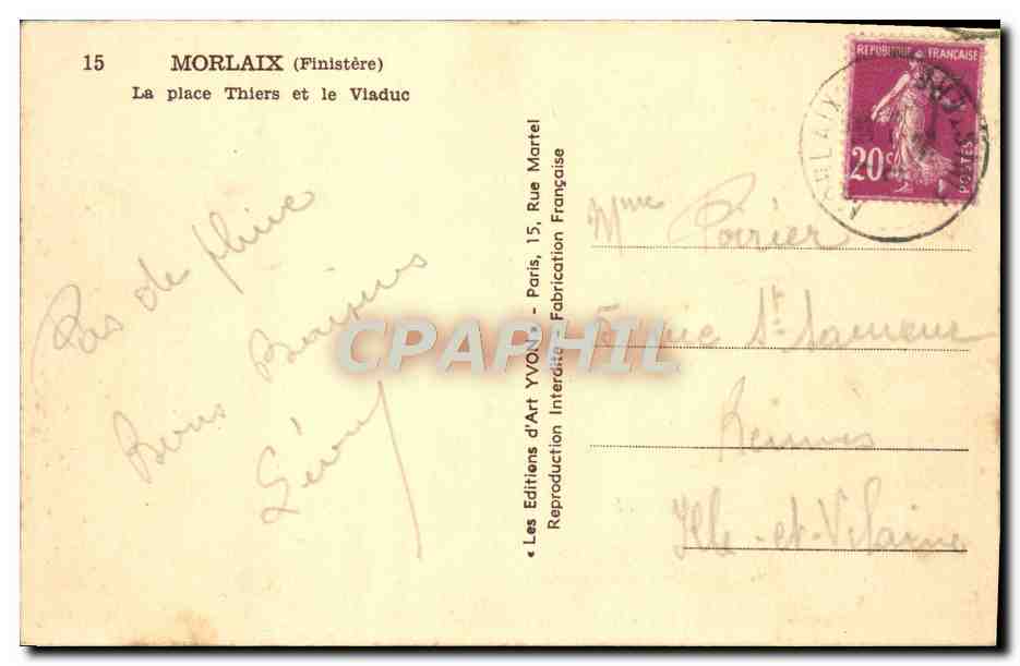 CPA Morlaix La Place Thiers et le Viaduc  — Rückseite