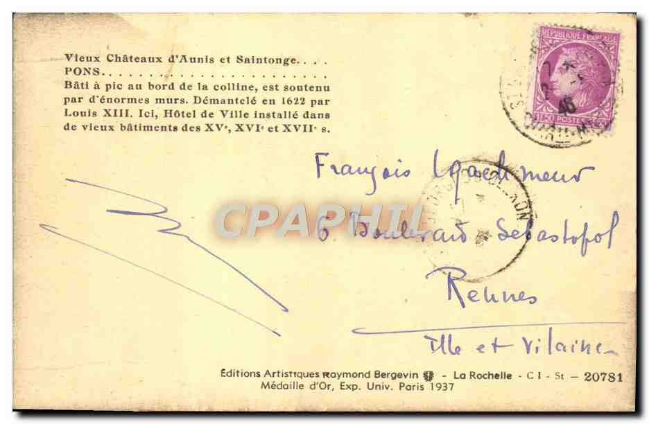 CPA Vieux Chateau d'Aunis et Saintonge Pons  — Rückseite