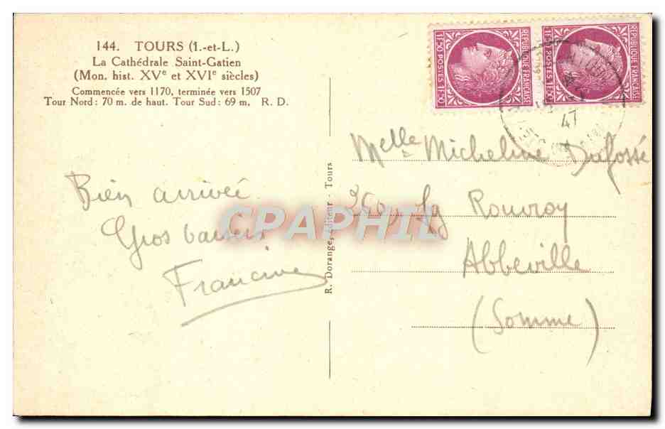 CPA Tours La Cathedrale Saint Gatien  — Rückseite