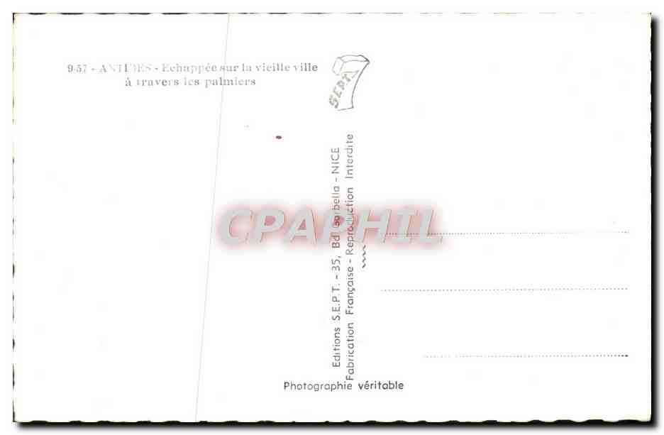 Antibes — Echappée sur la vieille ville à travers les palmiers — Éditions S.E.P.T. - 35, Bd des belles - NICE — Rückseite