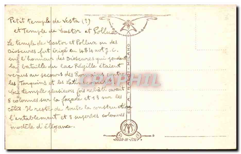 CPA Roma Foro Romano Vedicula di Vesta e Tempio di Castore e Polluce — Rückseite