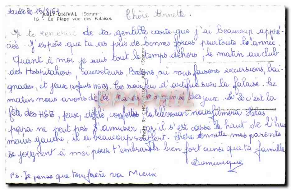 CPM Onival La Plage vue des Falaises — Rückseite