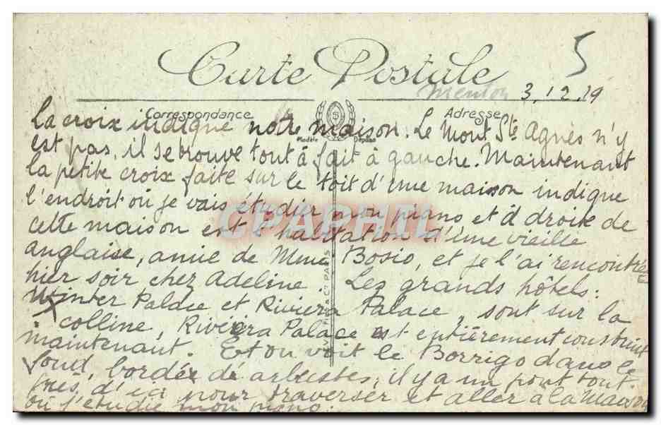 CPA Menton La Vallee de Borrigo — Rückseite
