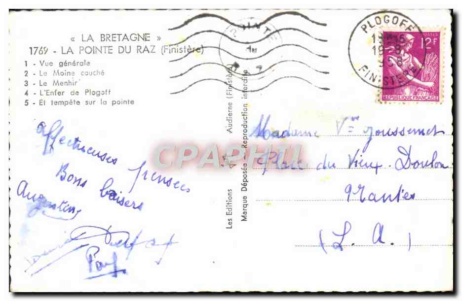 CPM La Bretagne La Pointe du Raz Vue generale Le moine couche Le menhir L'enfer de Plogoff — Rückseite