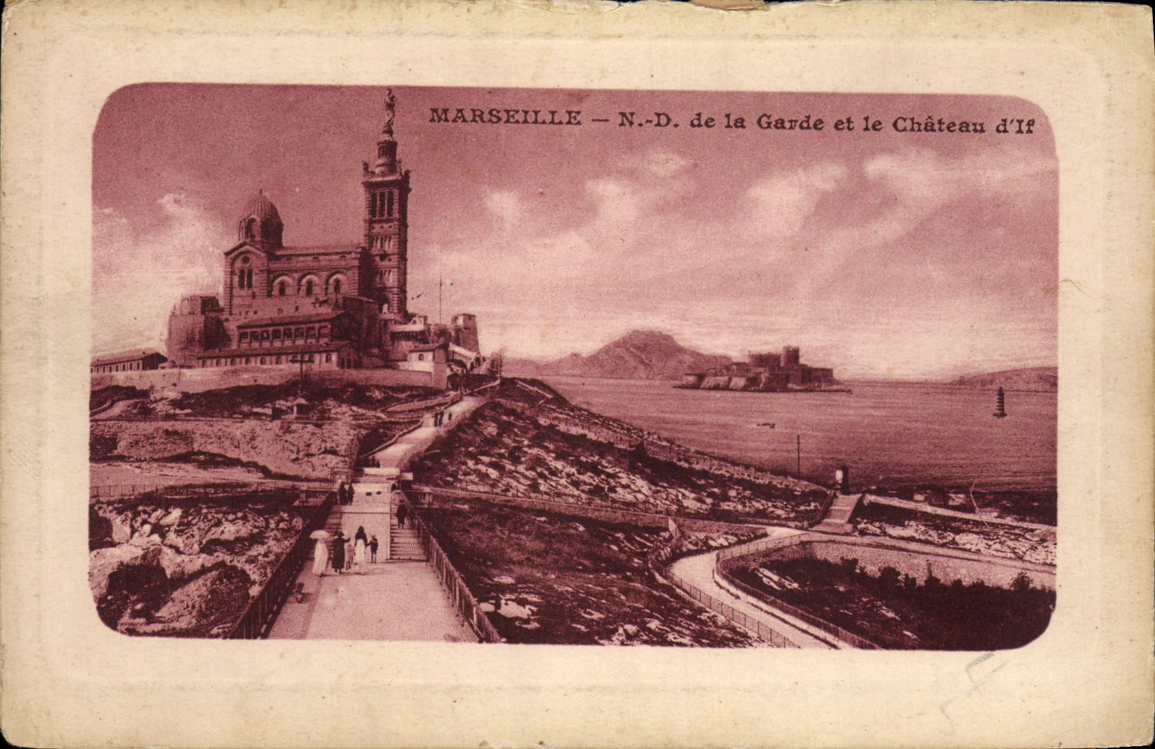 Antike Ansichtskarte Marseille Ansicht der Notre Dame de la Garde und des Schlosses d'If