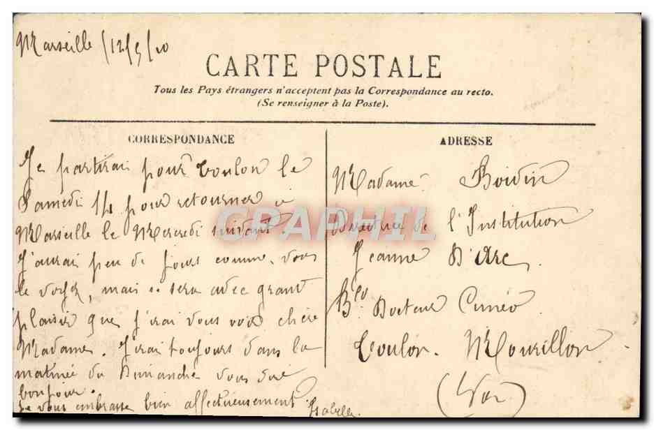 CPA Marseille Place Sadi Carnot et Rue Colbert Tramway — Rückseite