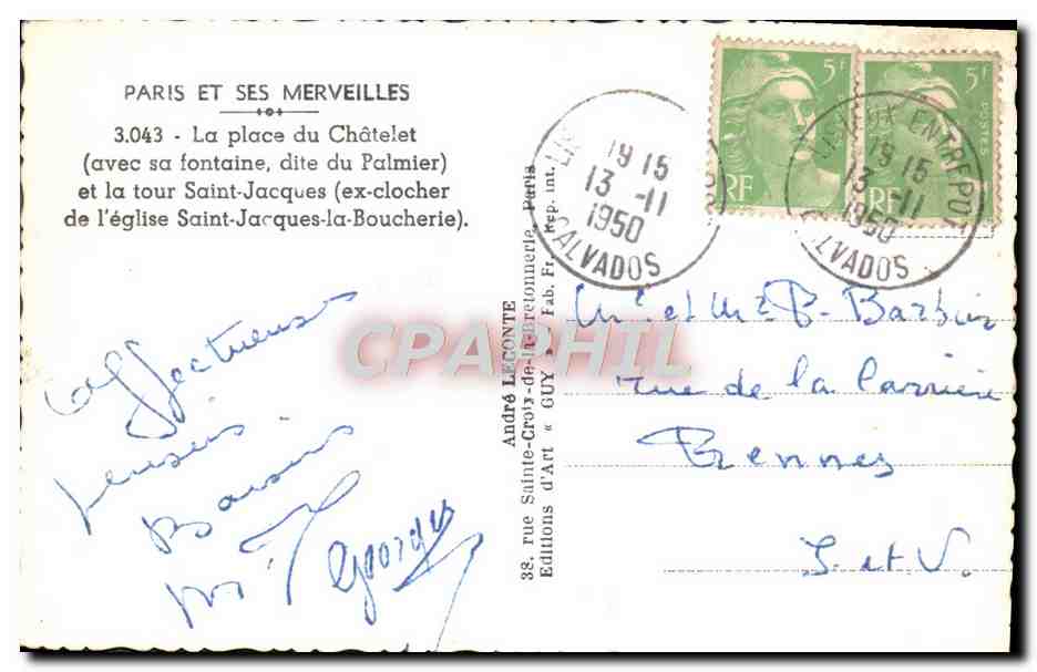 CPM Paris Et Ses Merveilles Place du Chatelet et la tour Saint Jacques de l'eglise Saint Jacques la Boucherie — Rückseite