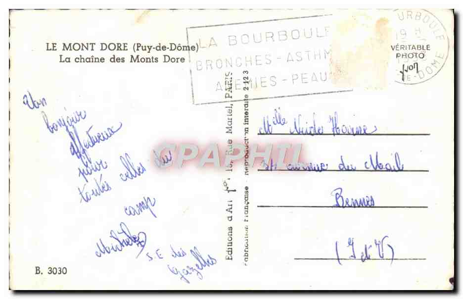 Tarjeta postal moderna El Monte Dore La Cadena de los Montes Dore — Reverso