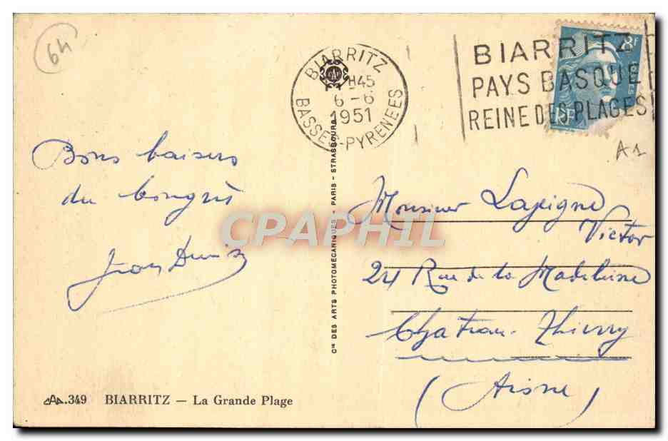 CPA Biarritz La Grande Plage — Verso
