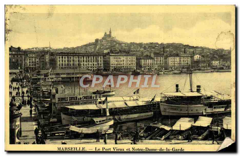 Antike Ansichtskarte Marseille Alter Hafen und Notre Dame de la Grande Bateaux