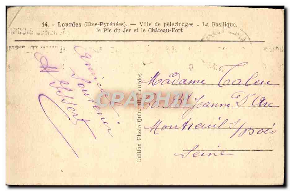 CPA Lourdes Ville de pelerinages La Basilique Le pic du Jer et le chateau fort  — Verso