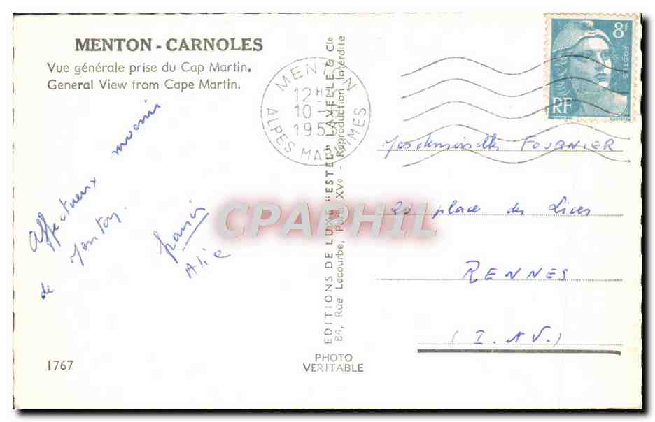 CPM Menton Carnoles Vue generale prise du Cap Martin — Rückseite