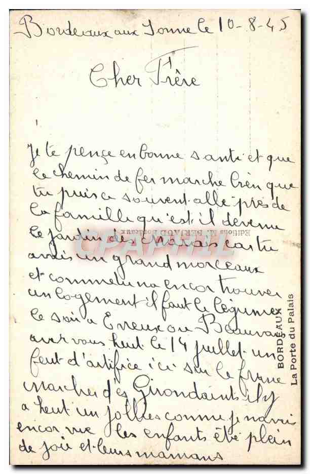CPA Bordeaux La porte du palais — Verso