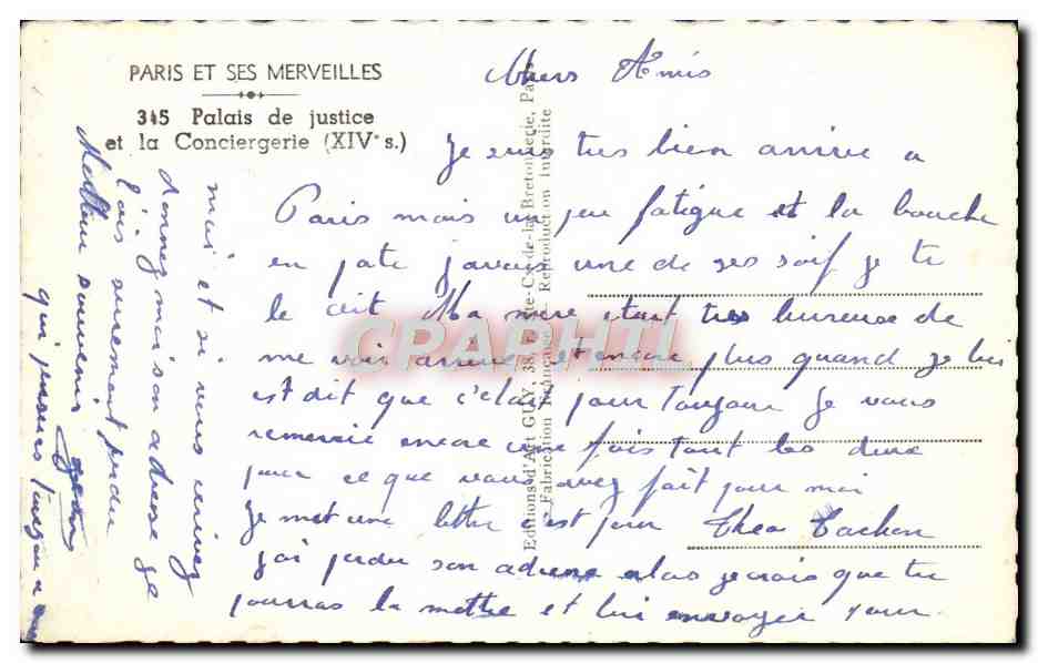 CPM Paris et ses Merveilles Palais de Justice et la Conciergerie  — Rückseite
