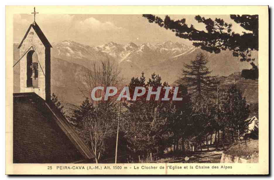 CPA Peira Cava Le clocher de l'eglise et la chaine des Alpes
