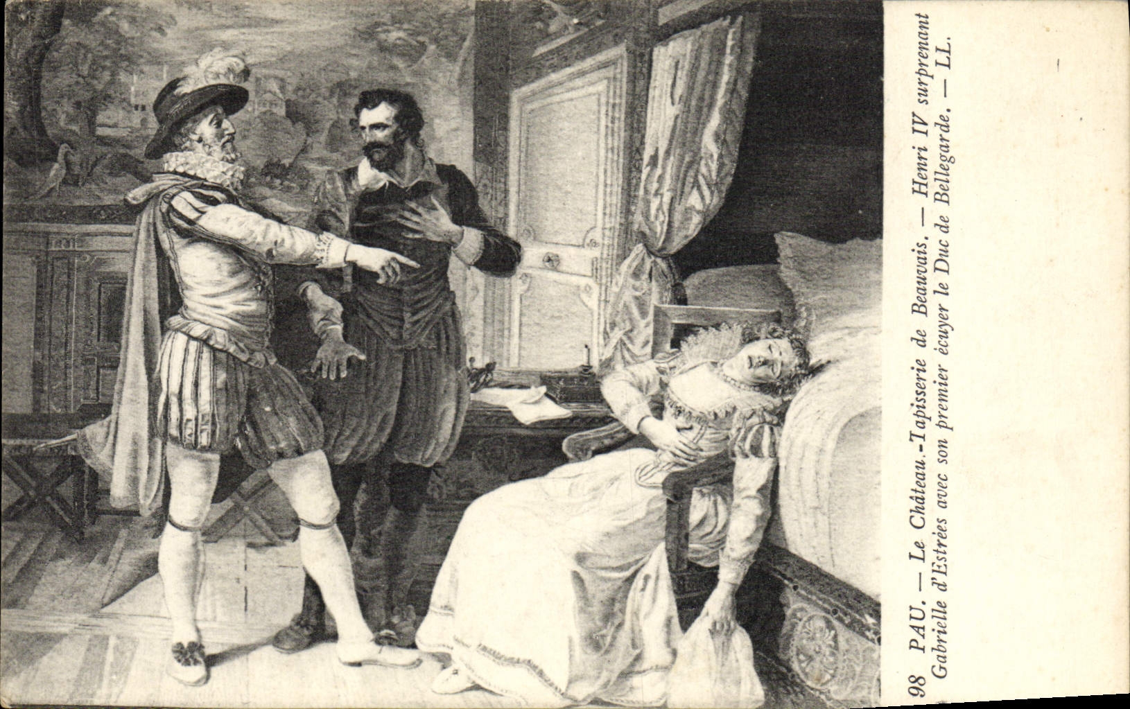 Schloss Estrees — Heinrich IV überrascht Henri de Beauvais mit Gabrielle d'Estrees — LL. — Nr. 98