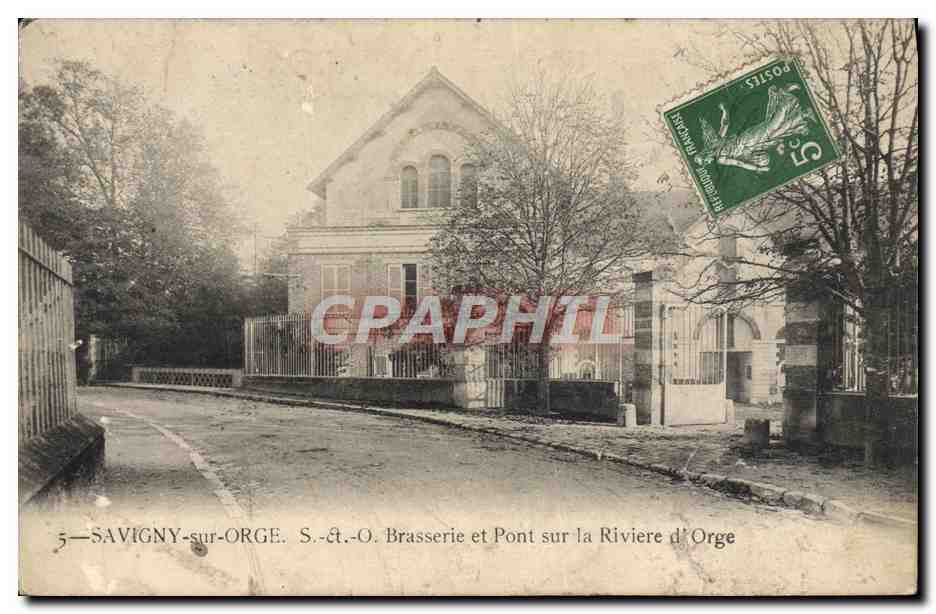 CPA Savigny Sur Orge Brasserie et Pont sur la Riviere d'Orge