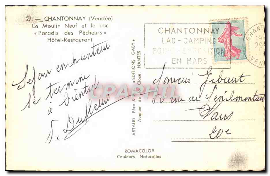 CPM Chantonnay Le Moulin Neuf et le Lac Paradis des Pecheurs Hotel Restaurant — Back