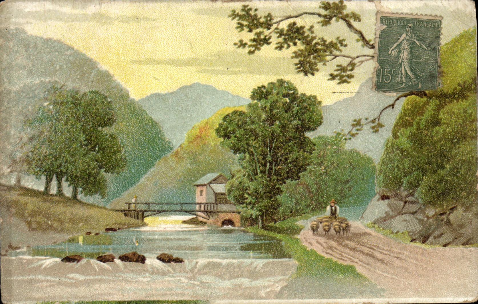 CPA Fantaisie Berger Moutons Moulin a eau