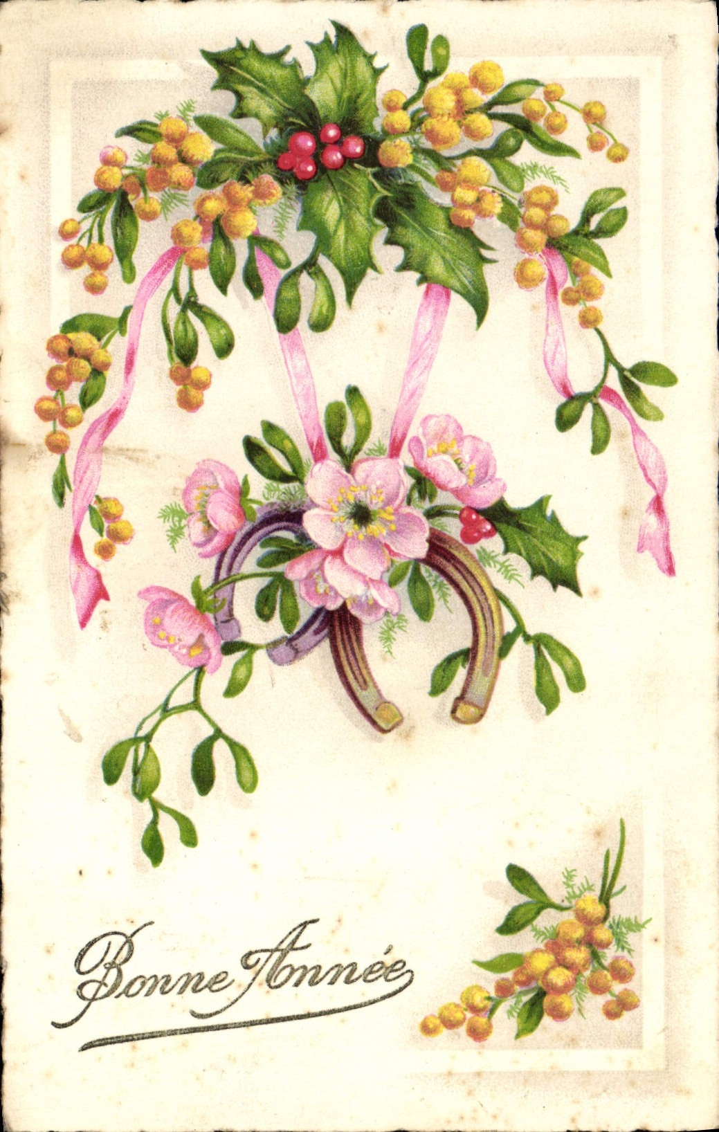 CPA Fantaisie Fleurs Fer a cheval Bonne Annee