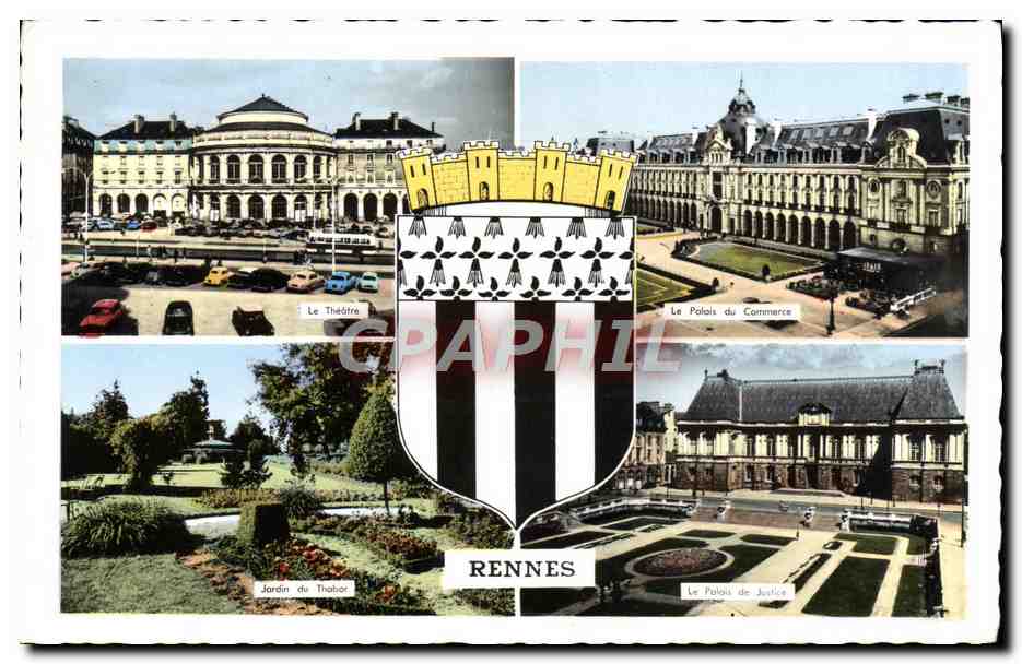 Rennes — Vue panoramique avec le Théâtre, le Palais du Commerce, le Jardin du Thabor et le Palais de Justice — Éditions Gaby