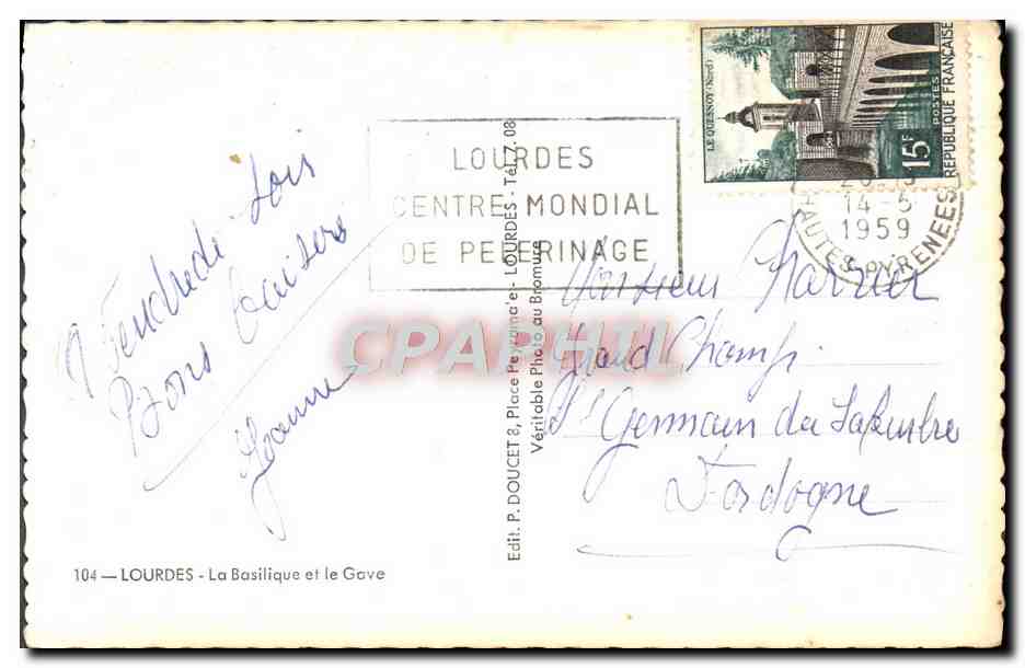 CPM Lourdes La Basilique et le Gave — Verso