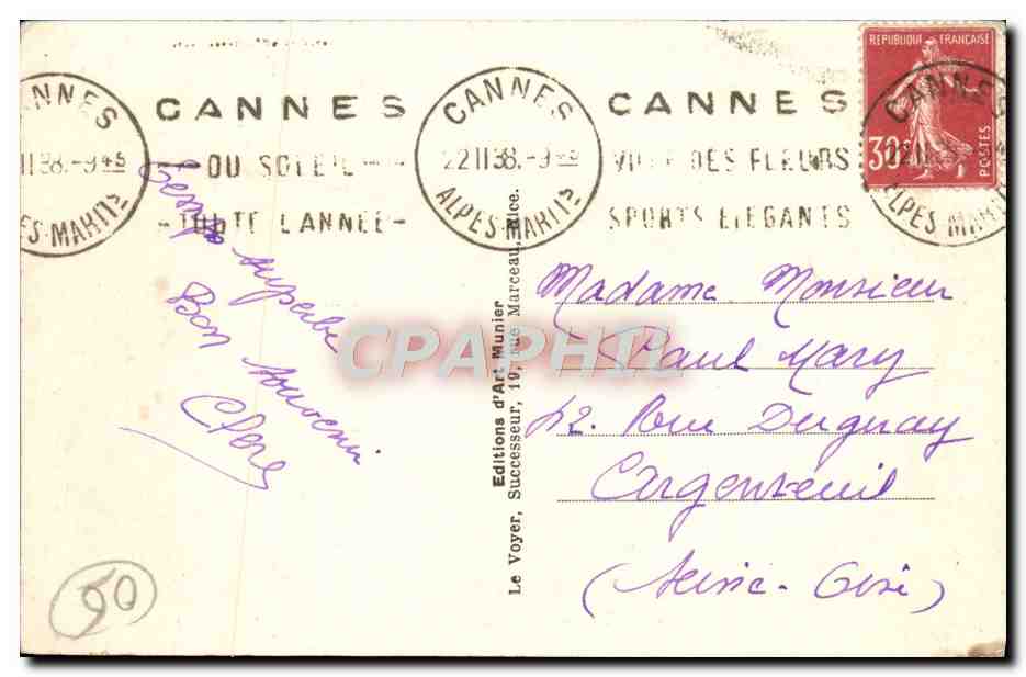 CPA Cannes La Plage le casino et le Mont Chevalier — Rückseite