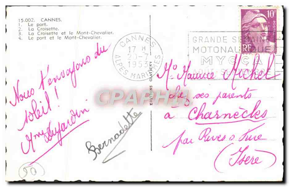 CPM Cannes Le port La croisette et le Mont Chevalier  — Verso