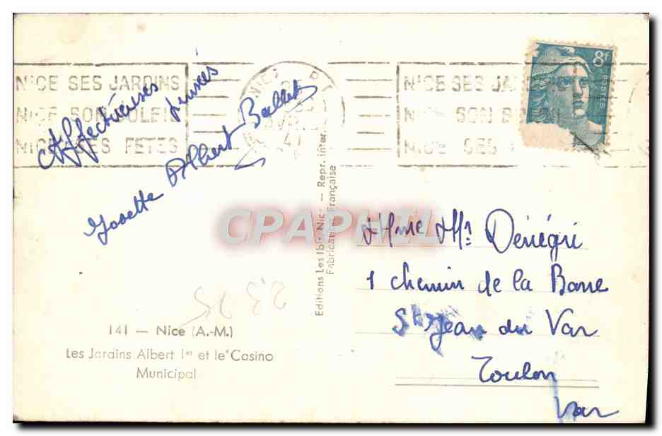 CPA Nice Les Jardains Albert 1er Et Le Casino Municipal — Rückseite