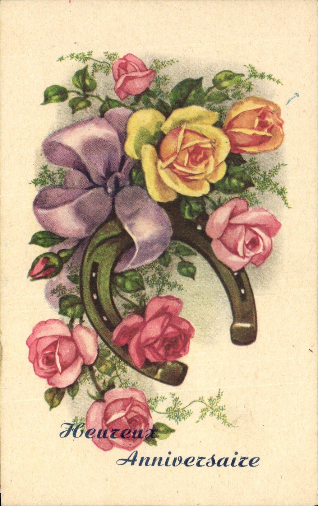 CPA Fleurs Heureux Anniversaire Fer a cheval