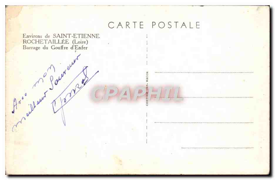 CPA Environs de Saint Etienne Rochetaille Barrage du Gouffre d'Enfer — Rückseite