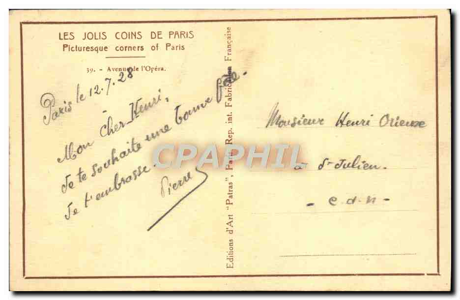 CPA Paris Avenue de l'Opera  — Rückseite