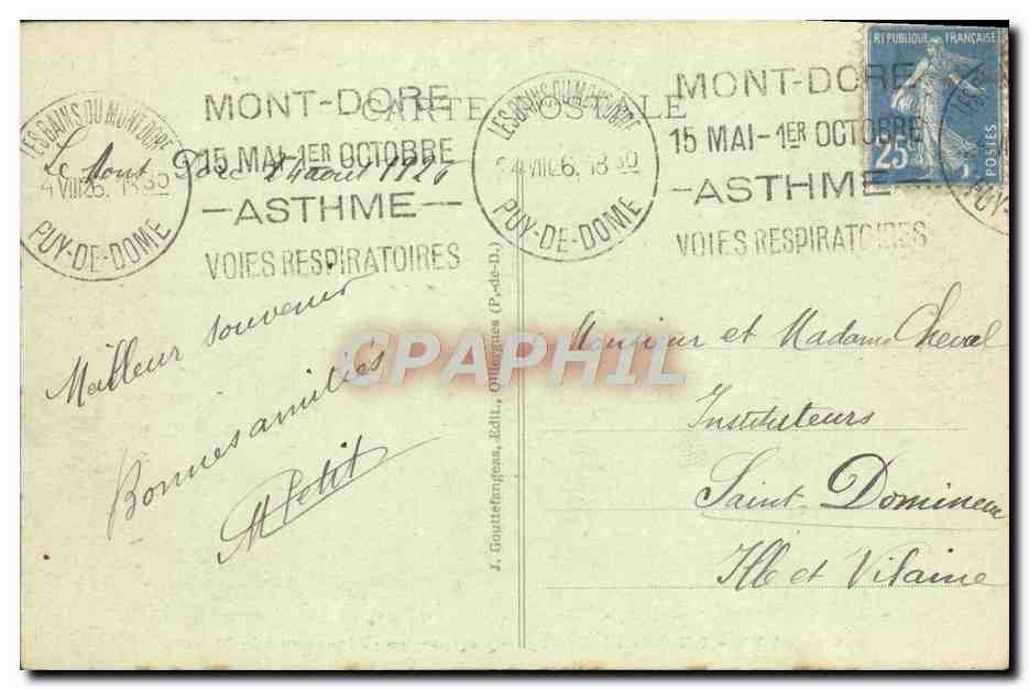 CPA Le Mont Dore Le Casino et les Grands Hotels  — Verso