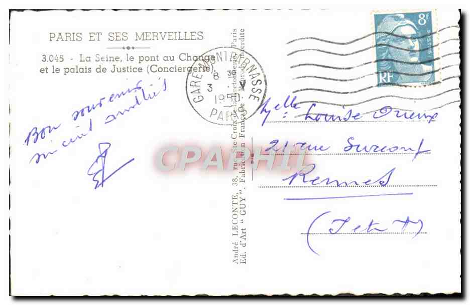 CPM Paris La Seine au pont au change et le palais de justice Conciergerie — Rückseite