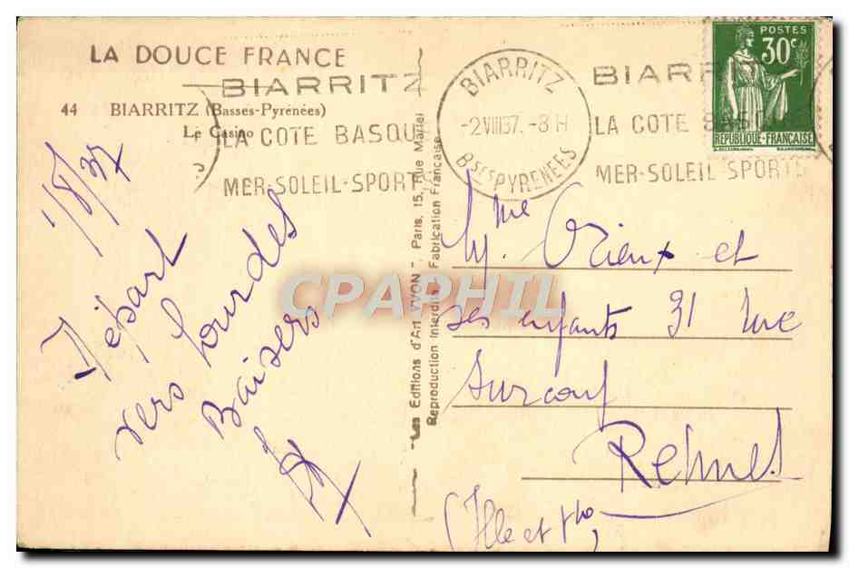 CPA Biarritz Le casino — Verso