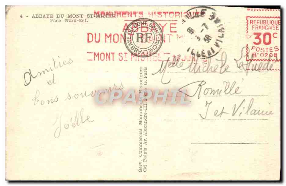Mont Saint-Michel — Ansicht der Abtei im Nordosten — Verlag Service Commercial Gd Pelais — Rückseite