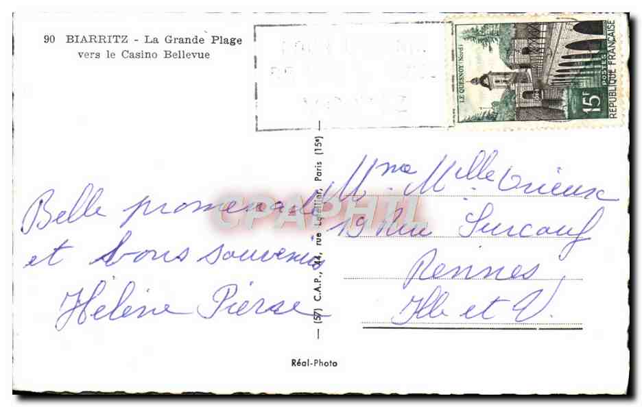CPA Biarritz La Grande Plage Vers le Casino Bellevue — Verso